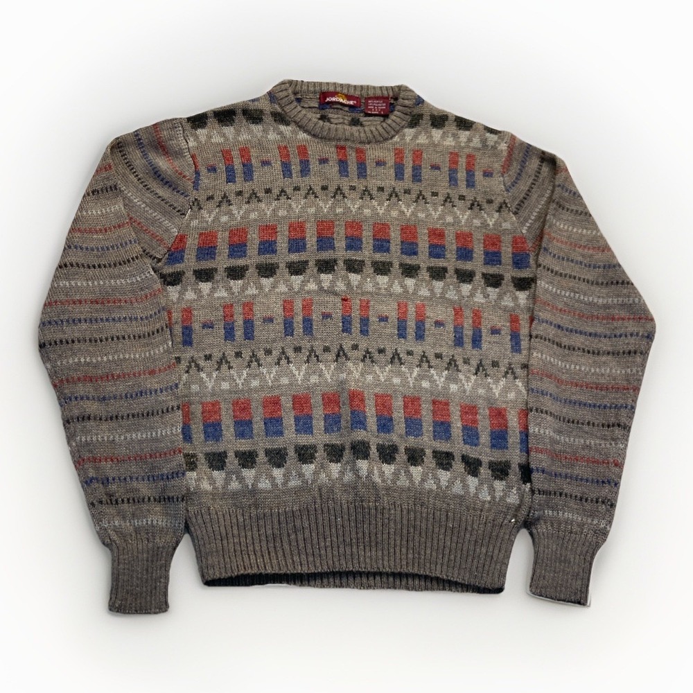 Vintage Sweater Women's L Jordache 80s 90s Fair Isle Retro Brown Knit Acrylic
